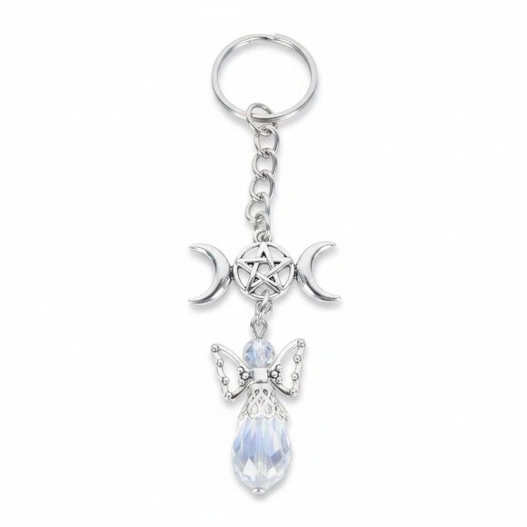 Triple Moon Pentacle Angel Keychain 4.5" - New - Witchcore Ethereal - Picture 1 of 11